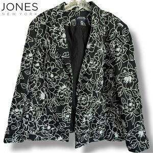 Jones New York Wmn’s Linen Floral Blazer Jacket Embroidered Black & White | 18W